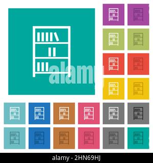 Bookshelf with books outline multi colored flat icons on plain square backgrounds. Included white and darker icon variations for hover or active effec Stock Vector