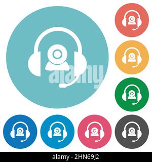 Video assistance solid flat white icons on round color backgrounds Stock Vector