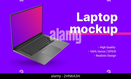 Rotated Laptop Mockup on Violet Background, Banner for Advertisement or Presentation. Vector illustration Stock Vector