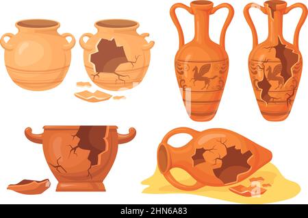 Cartoon broken pottery. Old cracked ceramic vases, history archeology urn for museum, ancient clay pots jar jug vessel, greece or roman artefacts, isolated neat vector illustration and broken pottery Stock Vector