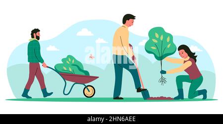 A people is planting a tree sapling. A mans with a shovel and wheelbarrow, a woman with a plant. Springtime. Caring for nature and ecology. Vector fla Stock Vector