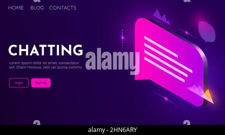 Chat bot concept. Isometric with chat bubbles. Futuristic neon style. Vector illustration. Stock Vector
