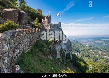 The walls and tower of Castle of the Moors. Sintra, Portugal. Surrounding trails offer panoramic views. Stock Photo