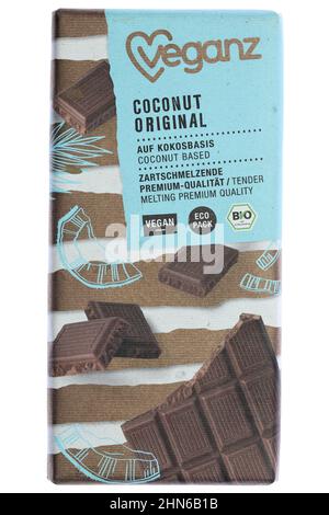 Veganz coconut original vegan chocolate isolated on white background Stock Photo