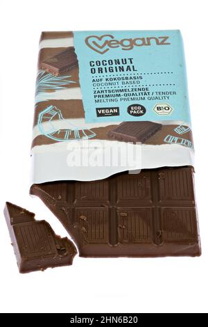 Veganz coconut original vegan chocolate isolated on white background Stock Photo