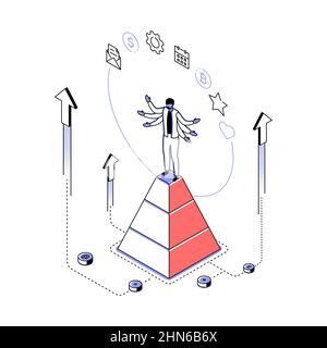 Multitasking - modern line isometry design style illustration. Modern picture with multi armed man on a pyramid choosing applications for business dev Stock Vector