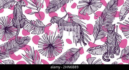 Savannah wildlife seamless pattern. Vintage Leopard and leaves with pink spots in engraving style. Hand drawn texture for fabric, wallpaper, textile, Stock Vector
