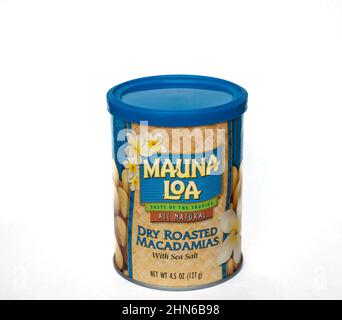 NISSWA, MN - 19 JAN 2022: Container of macadamias isolated on white. Stock Photo