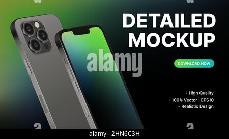 Dark Theme Mockup, Realistic Smartphone with green gradient Screen. Stylish Design for Website Advertisement. Vector illustration Stock Vector