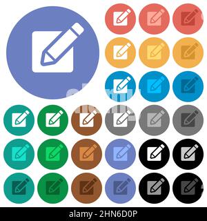 Editing box with pencil solid multi colored flat icons on round backgrounds. Included white, light and dark icon variations for hover and active statu Stock Vector
