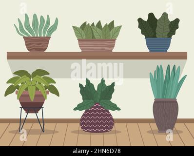 houseplants gardening in shelves Stock Vector