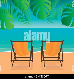 two deck chairs on the palm beach summer holiday Stock Vector