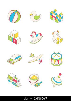 Toys for children - modern isometric vector icon set. Editable stroke. Airplane, ball, brick castle, plastic train, whirligig, cubes, sand bucket, dru Stock Vector