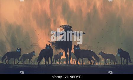 The wizard standing among his demonic wolves, digital art style, illustration painting Stock Photo