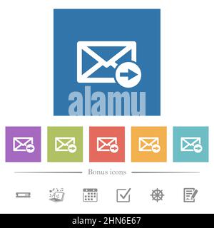 Mail forwarding flat white icons in square backgrounds. 6 bonus icons included. Stock Vector