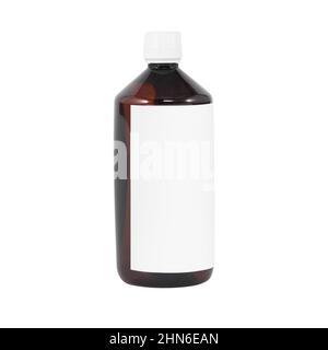 Brown plastic bottle with white cap on a white background and empty label Stock Photo