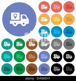 Package delivery tracking solid multi colored flat icons on round backgrounds. Included white, light and dark icon variations for hover and active sta Stock Vector