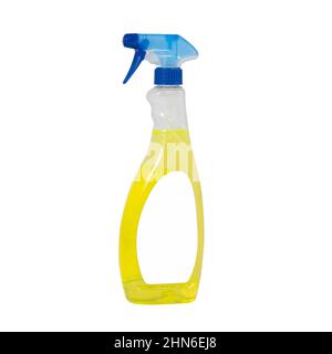 Sanitary spray plastic bottle on a white background with white label Stock Photo