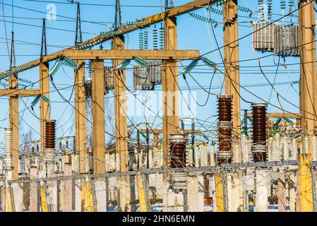 High voltage circuit breaker in a substation. Power generation. Energy source Stock Photo