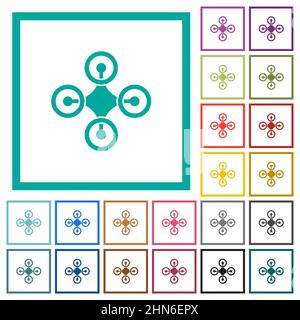 Drone top view solid flat color icons with quadrant frames on white background Stock Vector