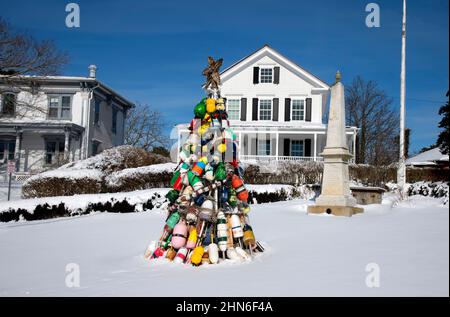 A Christmas Tree made out of lobster buoys in Chatham, Massachusetts, USA Stock Photo