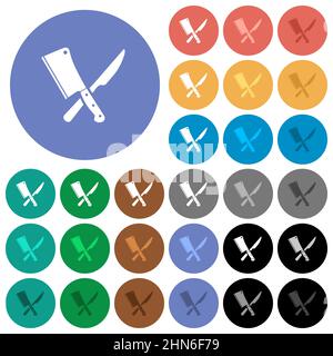 Crossed meat cleaver and knife multi colored flat icons on round backgrounds. Included white, light and dark icon variations for hover and active stat Stock Vector