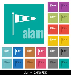 Windsock indicator solid multi colored flat icons on plain square backgrounds. Included white and darker icon variations for hover or active effects. Stock Vector