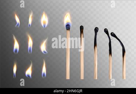 Realistic 3d vector illustration of whole and burnt wooden matchsticks and different flame icon set. Stages of match or wood stick burning or ignition from fire isolated on transparent background. Stock Vector