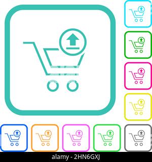 Cart upload outline vivid colored flat icons in curved borders on white background Stock Vector
