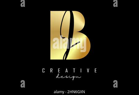 Golden letters Bi Logo with a minimalist design and negative space. Letters B and i with geometric and handwritten typography. Creative Vector Illustr Stock Vector