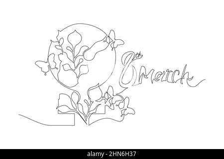 Happy Women Day greeting card illustration of continuous line drawing female group faces. International womens equality event. Stock Vector