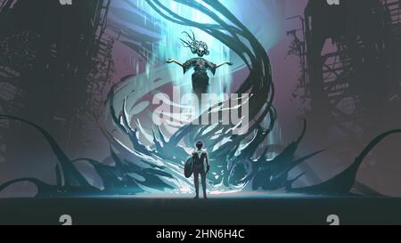 The knight facing a witch with evil powers, digital art style, illustration painting Stock Photo