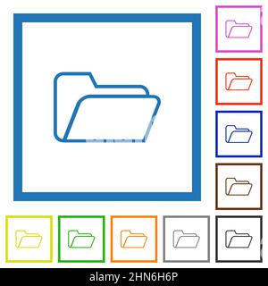 Folder open outline flat color icons in square frames on white background Stock Vector