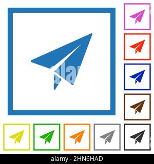 Paper plane solid flat color icons in square frames on white background Stock Vector
