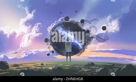 A young girl standing during the day reaching out to grab a star in the night dimension, digital art style, illustration painting Stock Photo