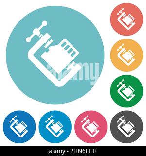 Micro sd memory card compress solid flat white icons on round color backgrounds Stock Vector