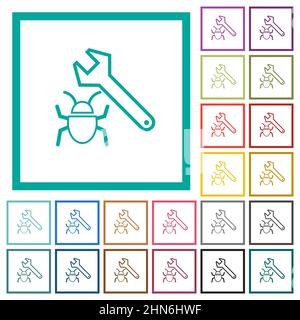 Bug fixing outline flat color icons with quadrant frames on white background Stock Vector