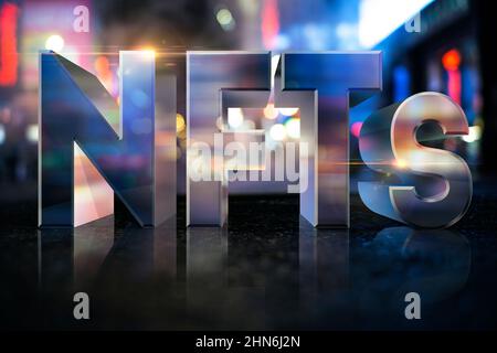 Glossy 3D Text Of NFTS In Slick Urban Setting Non-Fungible Tokens Conceptual Stock Photo
