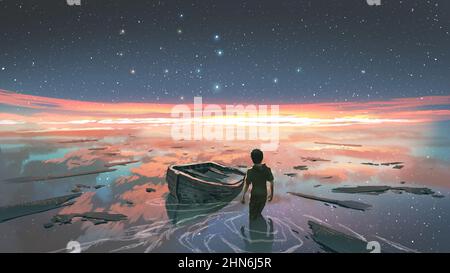 A man standing in a river with his shipwreck against the background of the sky upside down, digital art style, illustration painting Stock Photo