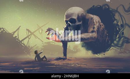 A giant ghost emerged from another dimension and reached out to the child, digital art style, illustration painting Stock Photo