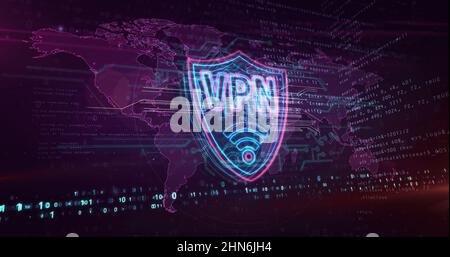 VPN neon sign concept, virtual private network symbol, security connection, encryption tunnel connection technology. Futuristic 3d rendering illustrat Stock Photo