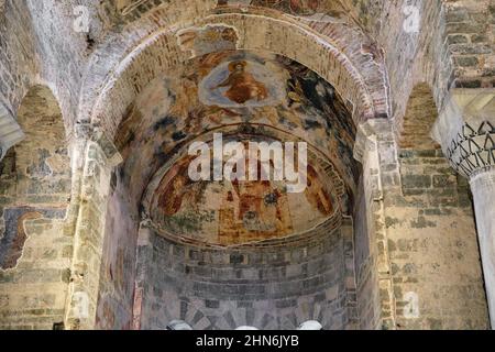 Low angle christian frescos at Hagia Sophia, Trabzon, Orthodox church arts and paintings at trabzon hagia Sophia. 31.01.2021. Trabzon. Turkey Stock Photo