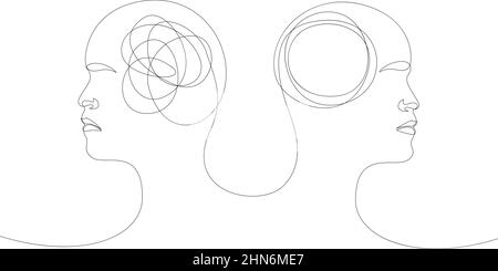 Two human heads with opposite thinking. The concept of chaos and order in thoughts. Vector illustration of continuous linear drawing in one line. Stock Vector