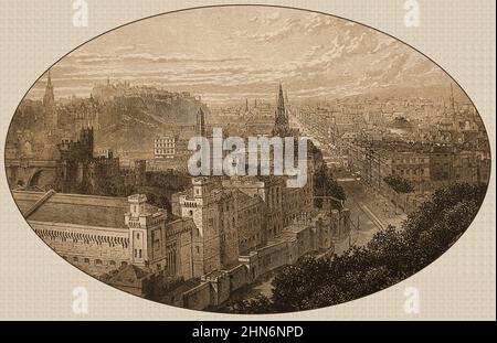 A 19th century view of   Ediburgh from the Carlton Hiil, showing the prison, castle and Scott Monument. Stock Photo