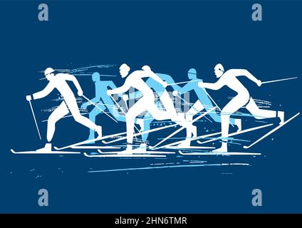 Cross-country skiing competition. Expressive illustration of nordic skiing competitors on blue background. Vector available. Stock Vector