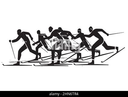 Cross-country skiing competition, silhouettes. Expressive black illustration of nordic skiing competitors. Vector available. Stock Vector