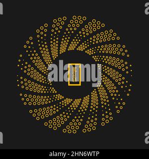 Yellow halftone dotted shape in vortex form. Geometric art. Design element for border frame, round logo, tattoo, sign, symbol, web pages, prints Stock Vector