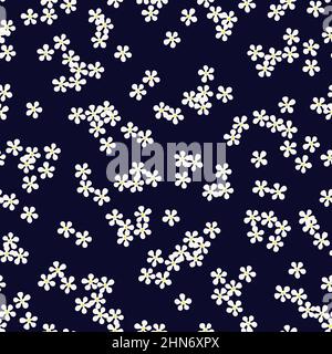 Floral seamless pattern with small white daisy flowers on dark blue background. Ditsy print. Cute plain chamomile florets design for trendy fabric Stock Vector