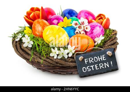 Colorful Easter decoration eggs with label and German Happy Easter on white background Stock Photo