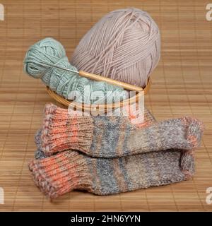 Crochet yarn, crochet hook and crocheted socks